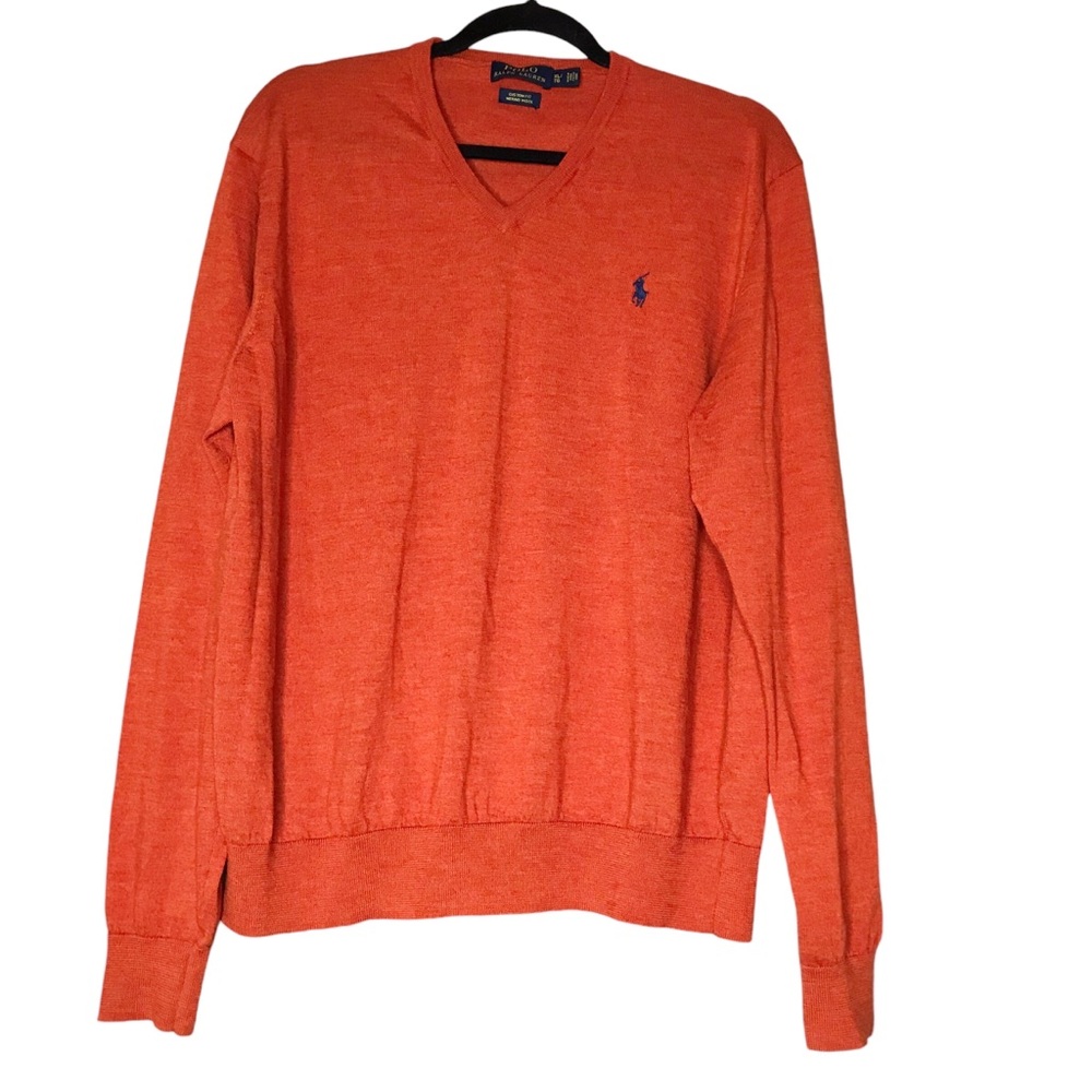 Polo Ralph Lauren Wool V-Neck Sweater Pullover Orange Lightweight Custom Fit XL